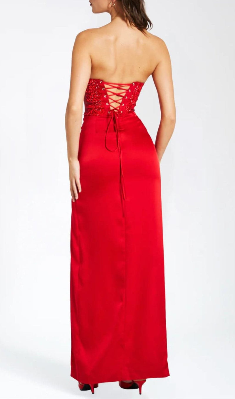 APRIL RED CRYSTAL CORSET GOWN-Fashionslee