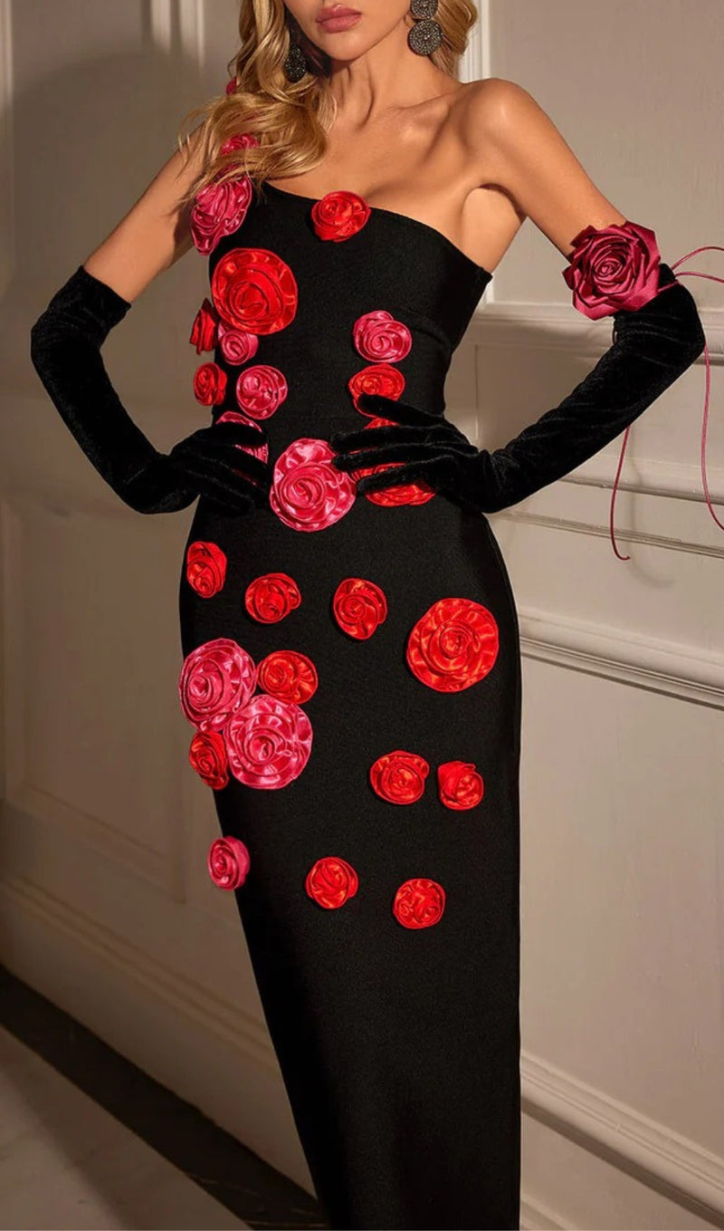 AZANIA ONE SHOULDER FLOWER BANDAGE DRESS-Fashionslee