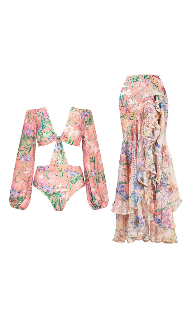 ARINE FLORAL CUTOUT SWIMSUIT AND SKIRT-Fashionslee