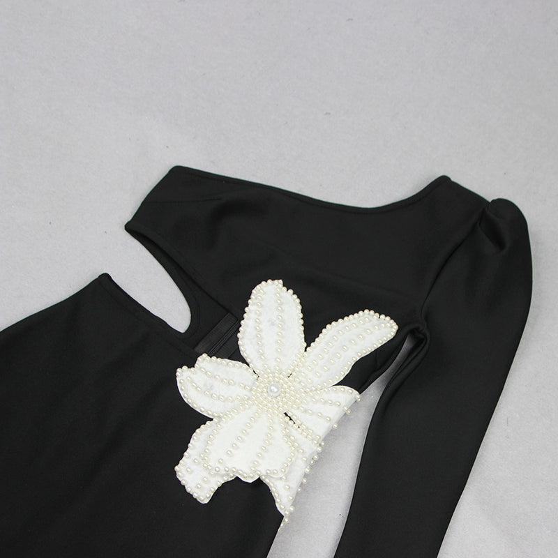 ALIYAH BLACK FLOWER BANDAGE MIDI DRESS-Fashionslee