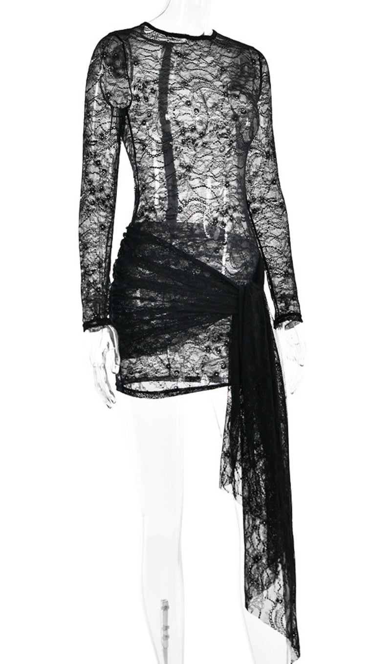 AMBROISE BLACK TWISTED LACE MINI DRESS-Fashionslee