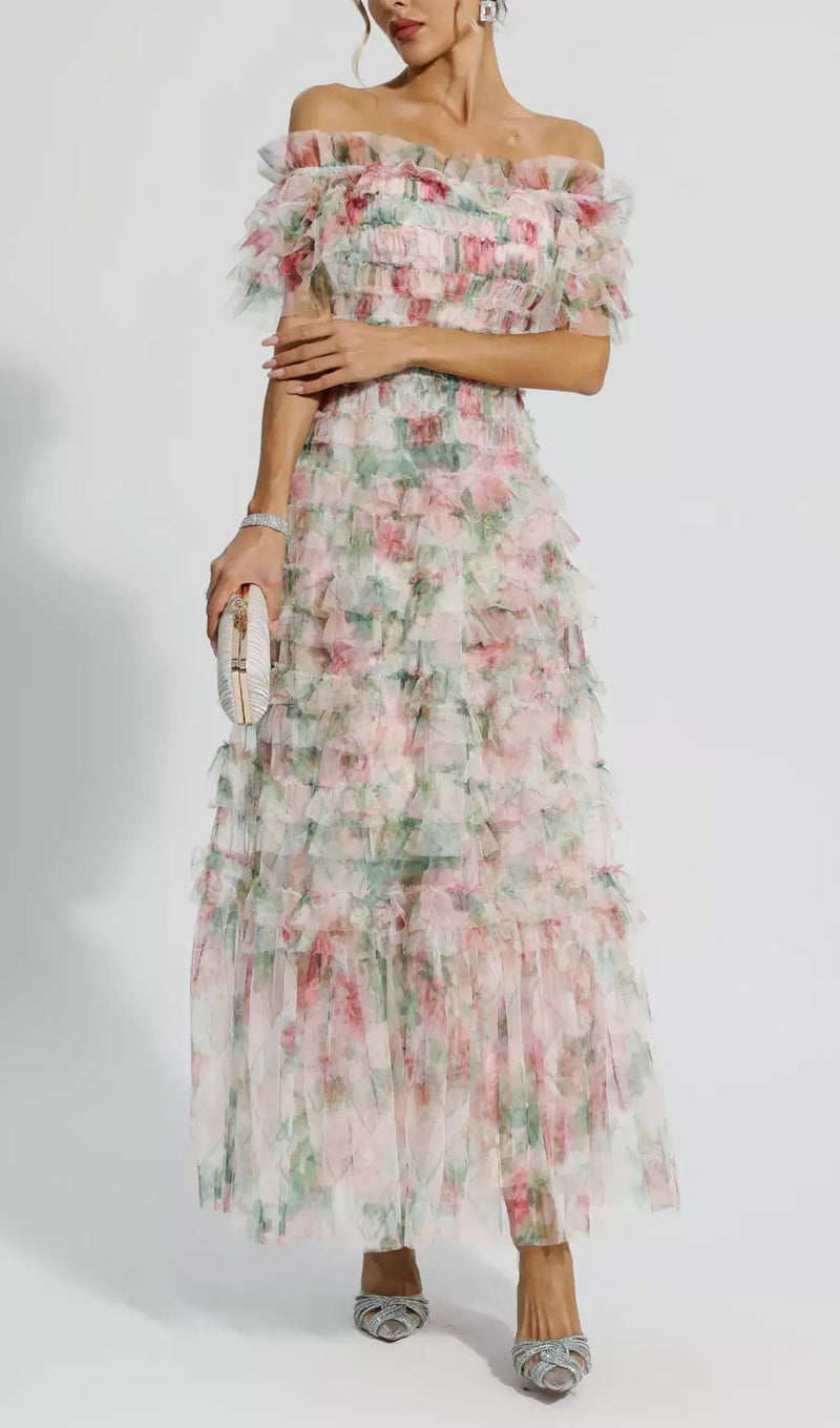 ADJOA PINK RUCHED FLORAL MAXI DRESS-Fashionslee