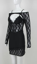 ACELINE BLACK LACE PATCHWORK BANDAGE DRESS-Fashionslee