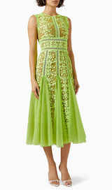 AUDRIANNA GREEN EMBROIDERY MESH MIDI DRESS-Fashionslee