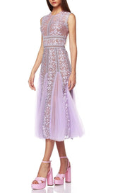 AUDRIANNA PURPLE EMBROIDERY MESH MIDI DRESS-Fashionslee