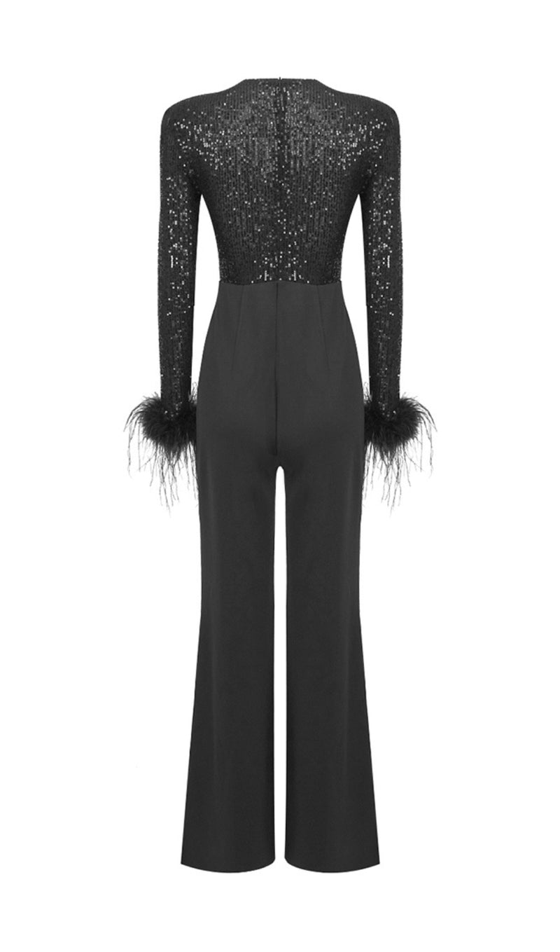 ARTY SEQUIN FEATHER JUMPSUIT-Fashionslee