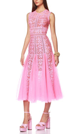 AUDRIANNA PINK EMBROIDERY MESH MIDI DRESS-Fashionslee