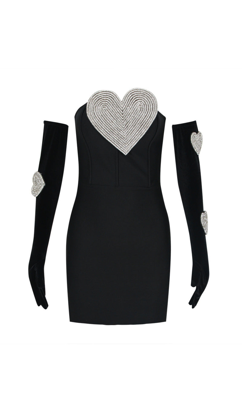 AELIA BLACK STRAPLESS CRYSTAL HEART DRESS-Fashionslee