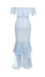 OFF SHOULDER RUFFLED MAXI DRESS IN TINGED BLUE