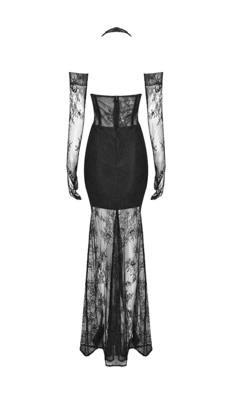 AOIFE BLACK BUSTIER FLORAL LACE GOWN-Fashionslee