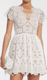 ANNALEIGH WHITE FLORAL GUIPURE MINI DRESS-Fashionslee