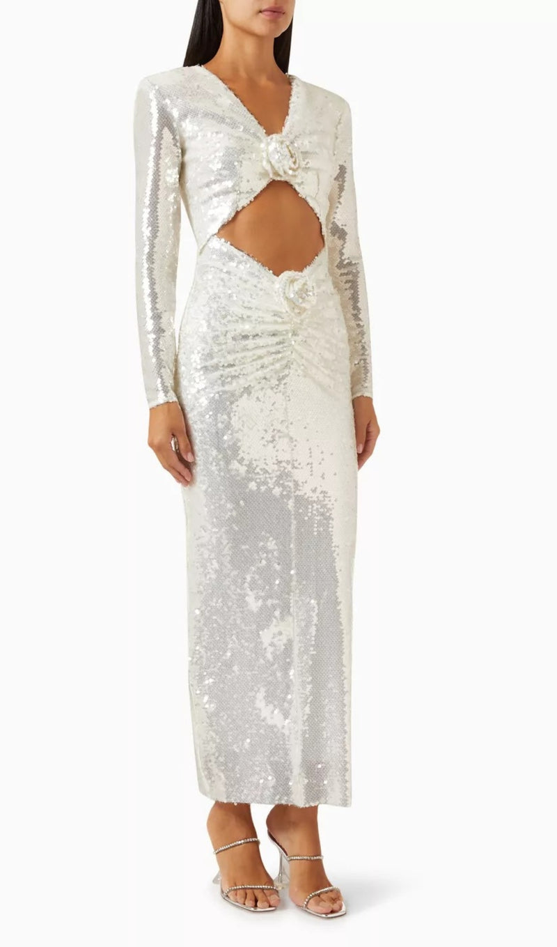 ALICIA WHITE FLOWER SEQUINED MAXI DRESS-Fashionslee