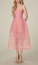 ALLYSON PINK FLORAL LACE EMBROIDER MIDI DRESS-Fashionslee