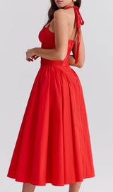 ASHLEEN RED HALTER MIDI DRESS-Fashionslee