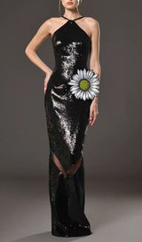 ADRASTEA SEQUINED DRESS WITH THREAD EMBROIDERED FLOWER-Fashionslee