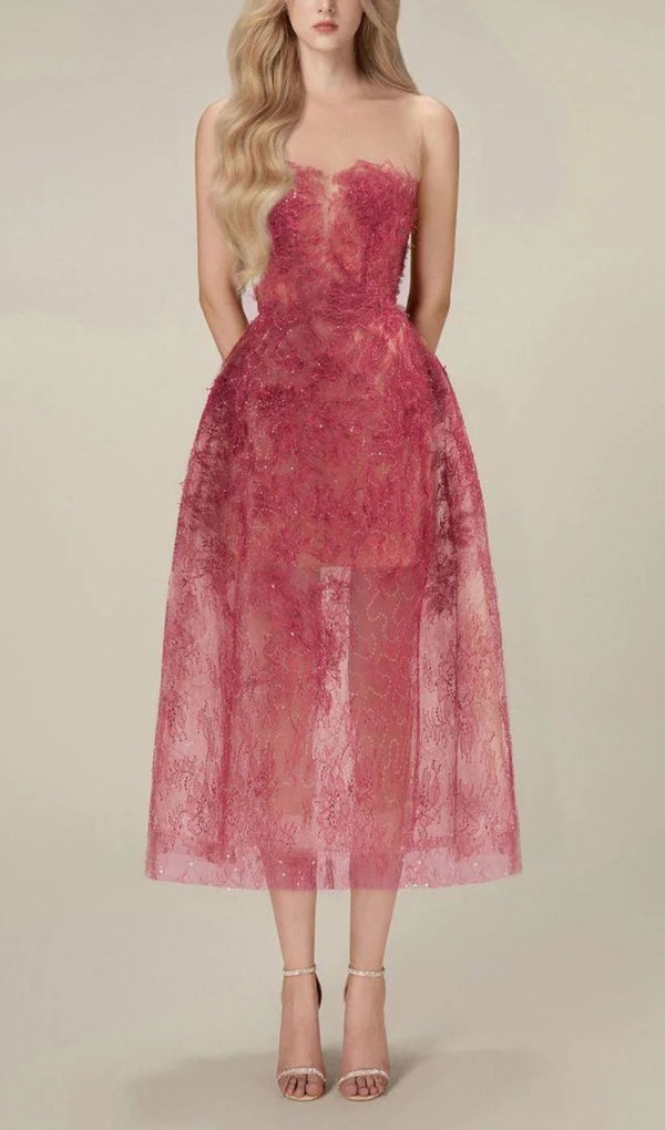 ALLYSON ROSE RED FLORAL LACE EMBROIDER MIDI DRESS-Fashionslee