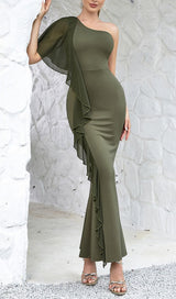 AMRO GREEN ONE SHOULDER RUFFLE DRESS-Fashionslee