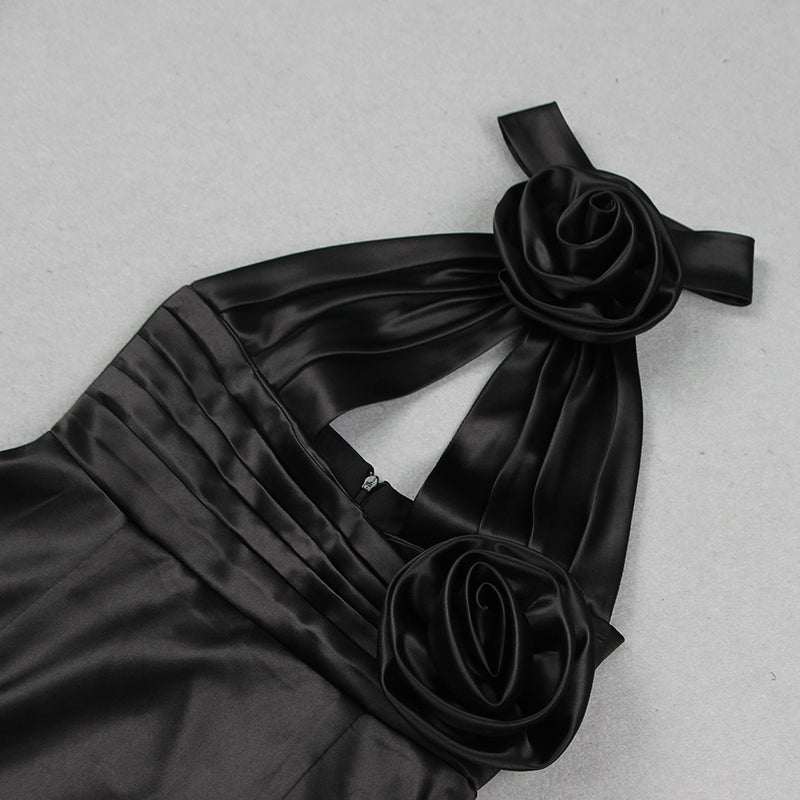 AKBAR BLACK HALTER FLOWER DRESS-Fashionslee