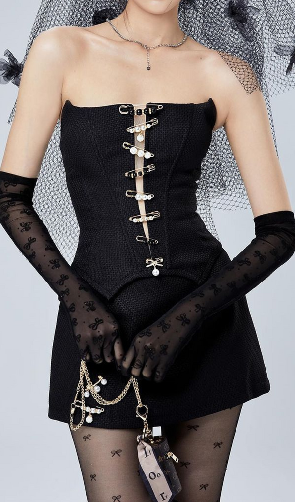 ALEDA BLACK STRAPLESS PIN DRESS-Fashionslee