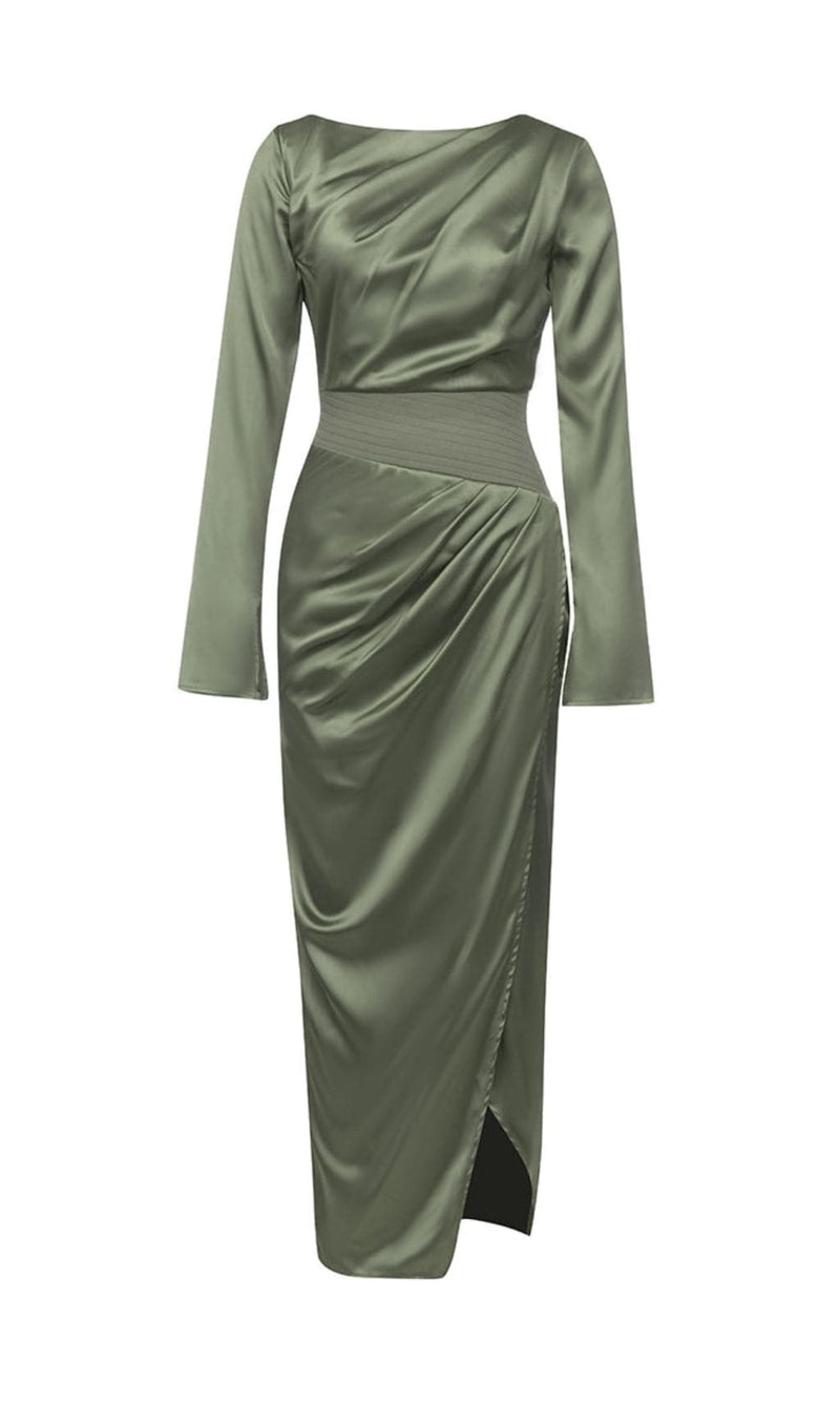 ALBEN GREEN SATIN MAXI DRESS-Fashionslee