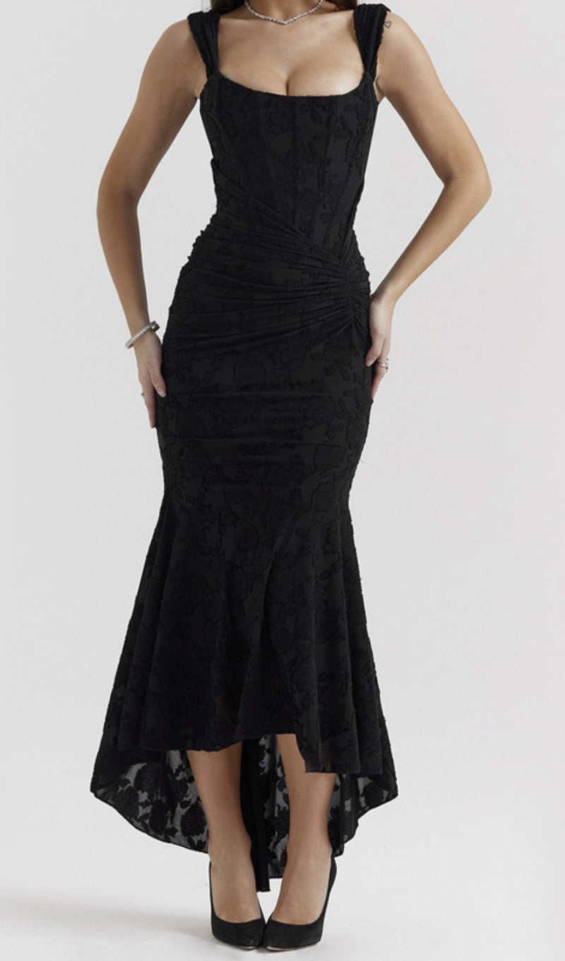 ANAËLLE BLACK FLORAL CORSET MAXI DRESS-Fashionslee