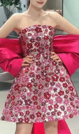 AIZAH PINK FLOWER SEQUIN MINI DRESS-Fashionslee
