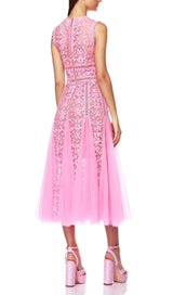 AUDRIANNA PINK EMBROIDERY MESH MIDI DRESS-Fashionslee