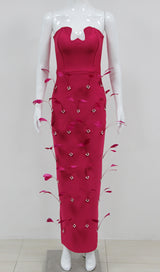ATERET ROSE RED FEATHER BANDAGE MAXI DRESS-Fashionslee