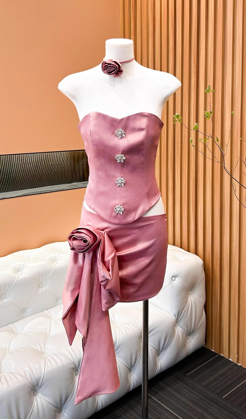 AMBERLY PINK SATIN FLOWER SKIRT SET-Fashionslee