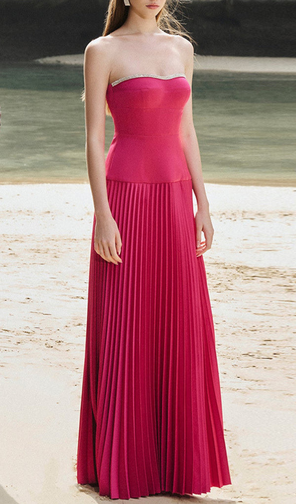 ALIENOR ROSE RED STRAPLESS MAXI DRESS-Fashionslee
