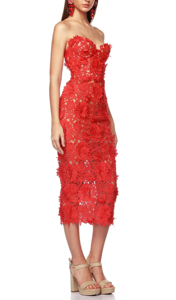 ANEMOON RED FLOWER EMBROIDERY MIDI DRESS-Fashionslee