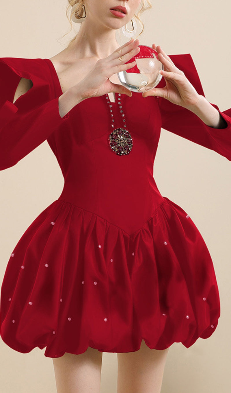 ALBIN RED BEADED MINI DRESS-Fashionslee