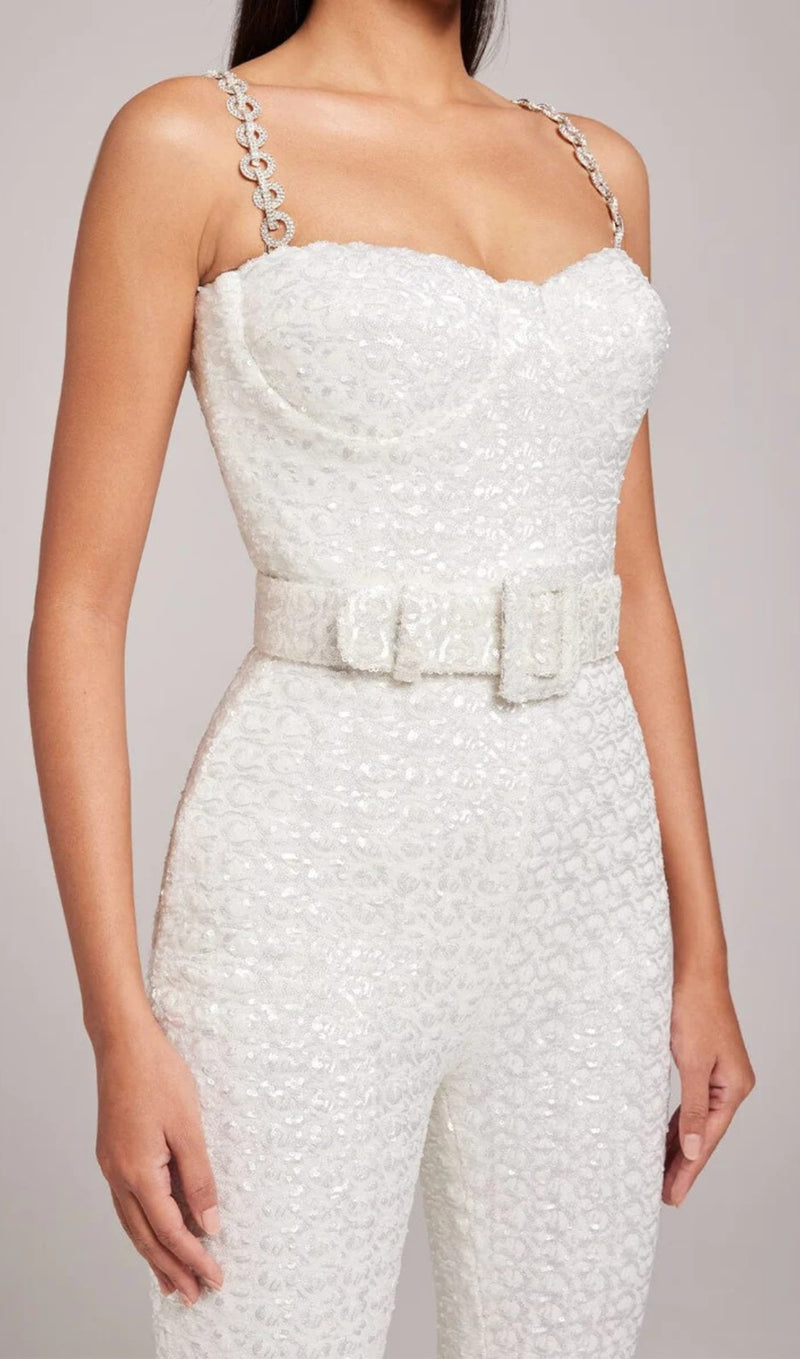 ALKA WHITE SEQUIN JUMPSUIT WITH BELT-Fashionslee