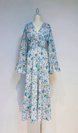ARACELY BLUE V-NECK FLORAL MAXI DRESS-Fashionslee