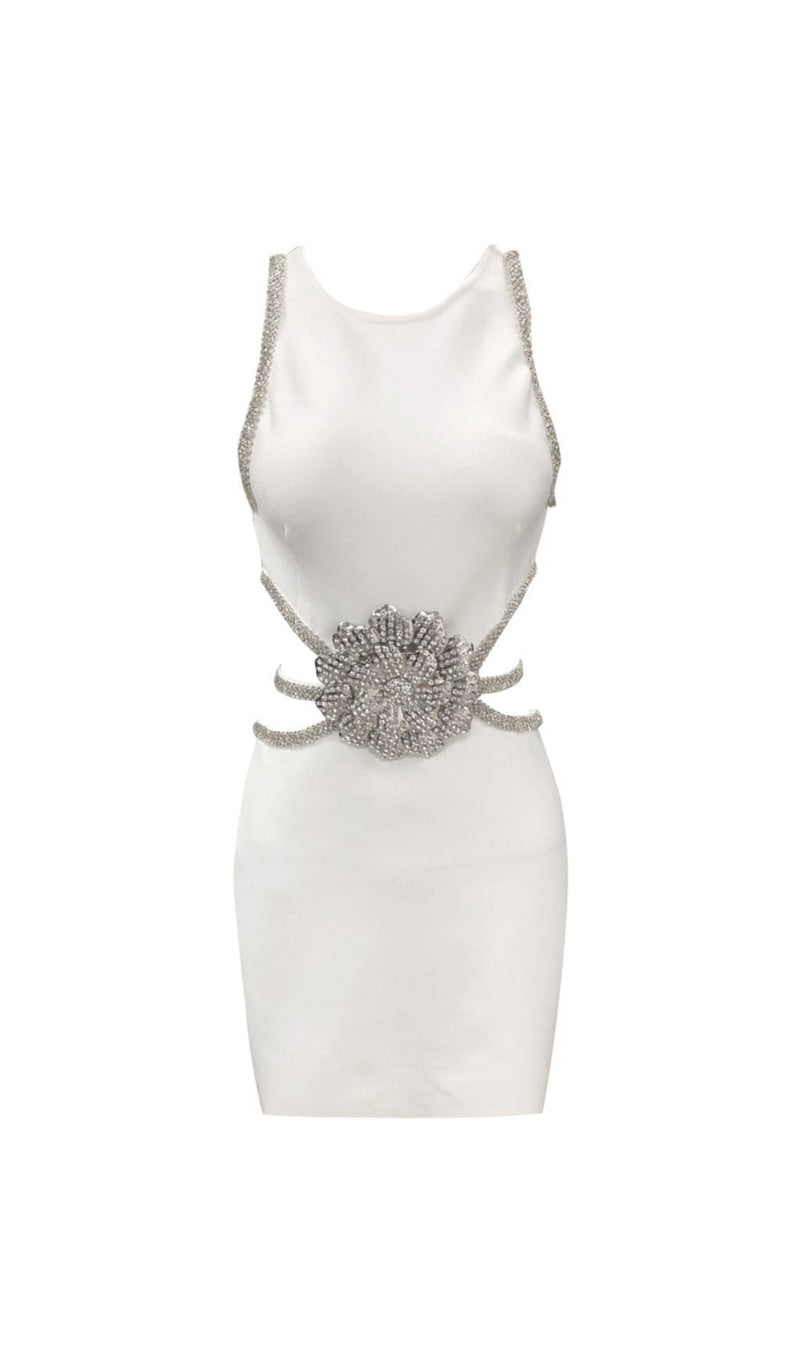 ANEIRIN WHITE CRYSTAL TRIM FLOWER DRESS-Fashionslee