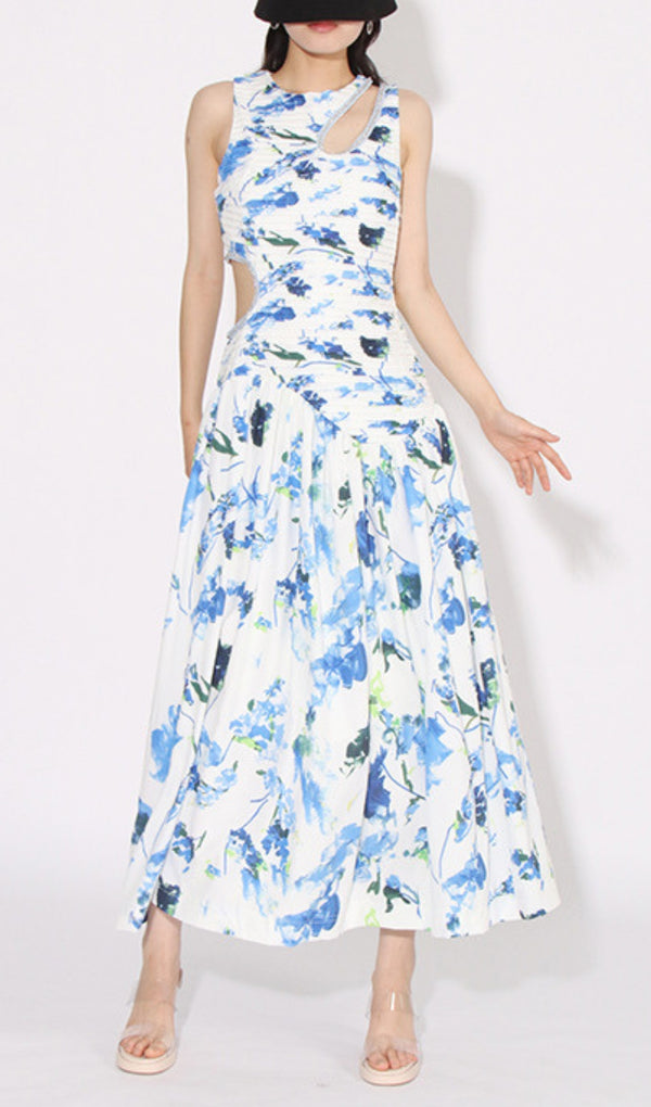 ASANI BLUE FLORAL CUTOUT MAXI DRESS-Fashionslee