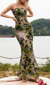 ADDILYNN STRAPLESS FLORAL SEQUIN MAXI DRESS-Fashionslee