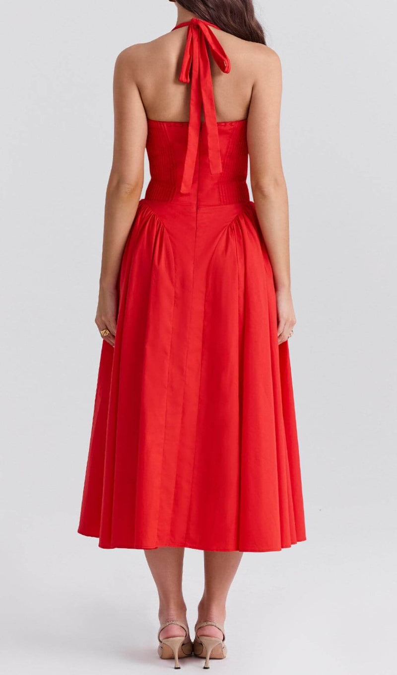 ASHLEEN RED HALTER MIDI DRESS-Fashionslee