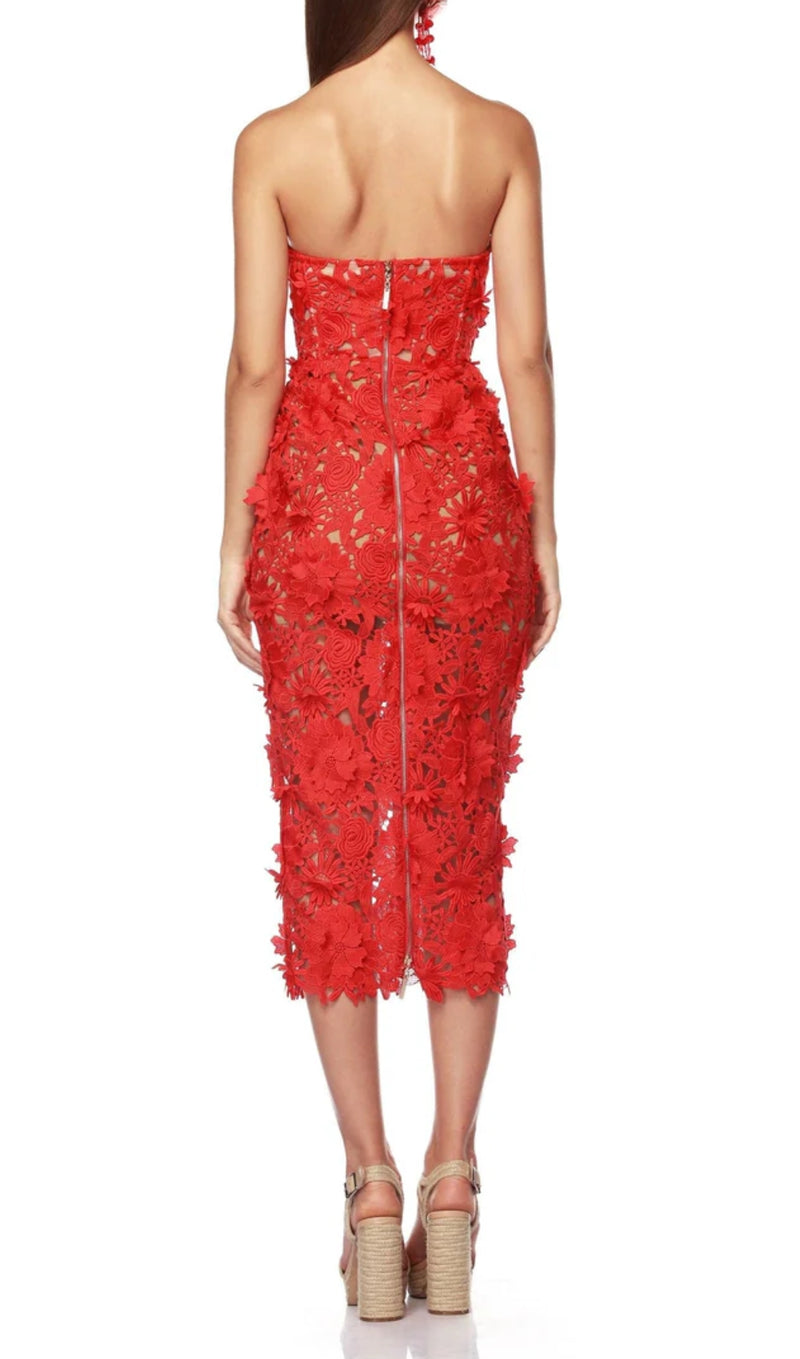 ANEMOON RED FLOWER EMBROIDERY MIDI DRESS-Fashionslee