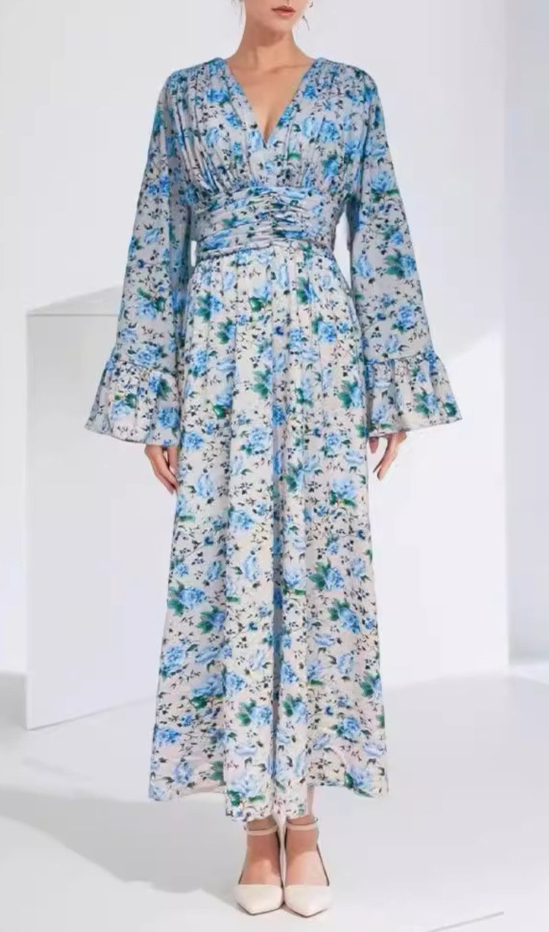 ARACELY BLUE V-NECK FLORAL MAXI DRESS-Fashionslee