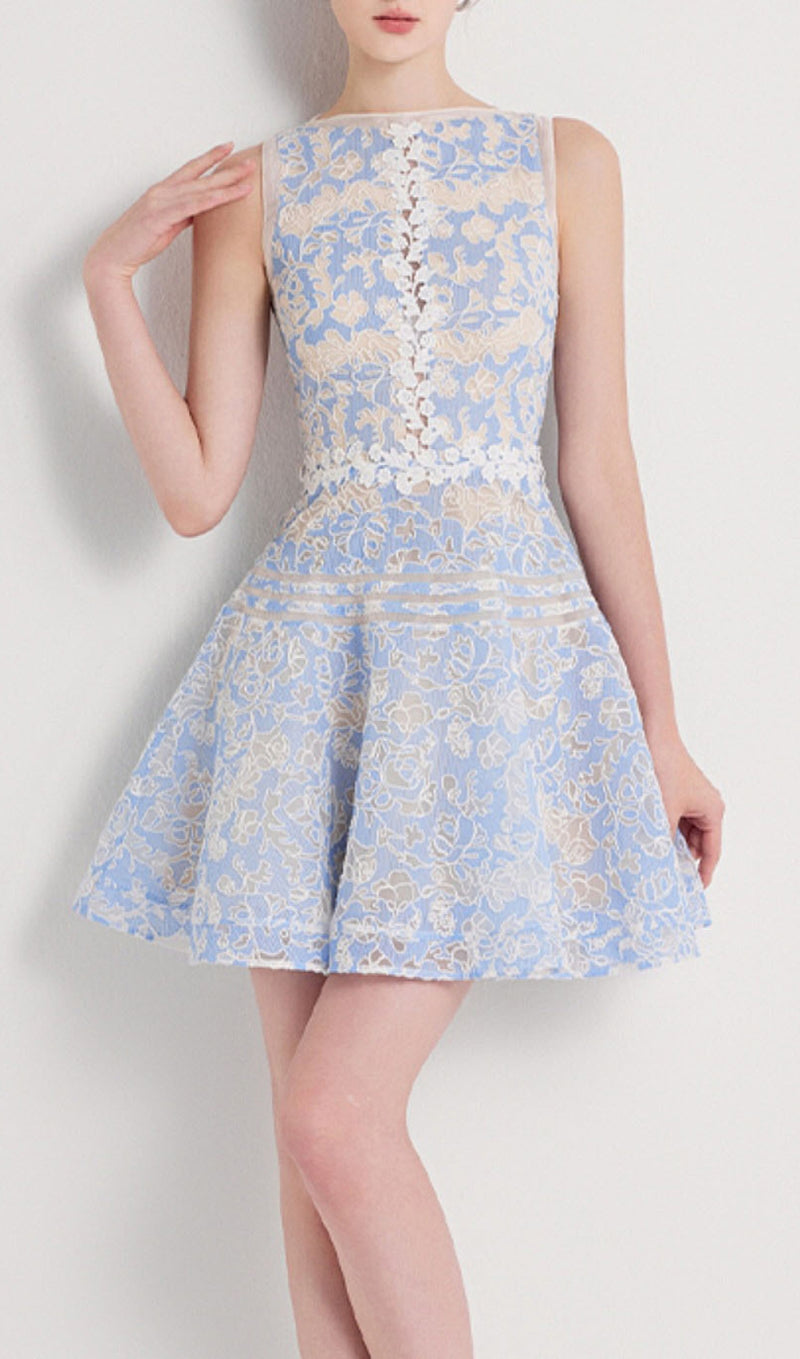 ARRIA BLUE EMBROIDERY MINI DRESS-Fashionslee