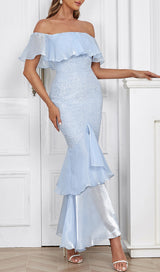 OFF SHOULDER RUFFLED MAXI DRESS IN TINGED BLUE