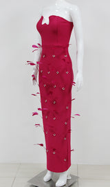 ATERET ROSE RED FEATHER BANDAGE MAXI DRESS-Fashionslee