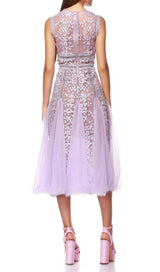 AUDRIANNA PURPLE EMBROIDERY MESH MIDI DRESS-Fashionslee