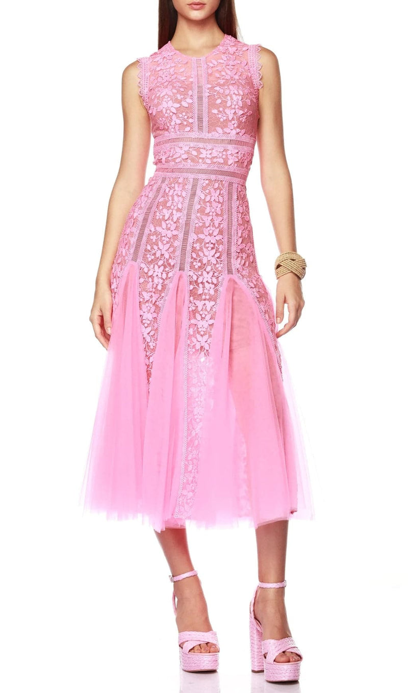 AUDRIANNA PINK EMBROIDERY MESH MIDI DRESS-Fashionslee