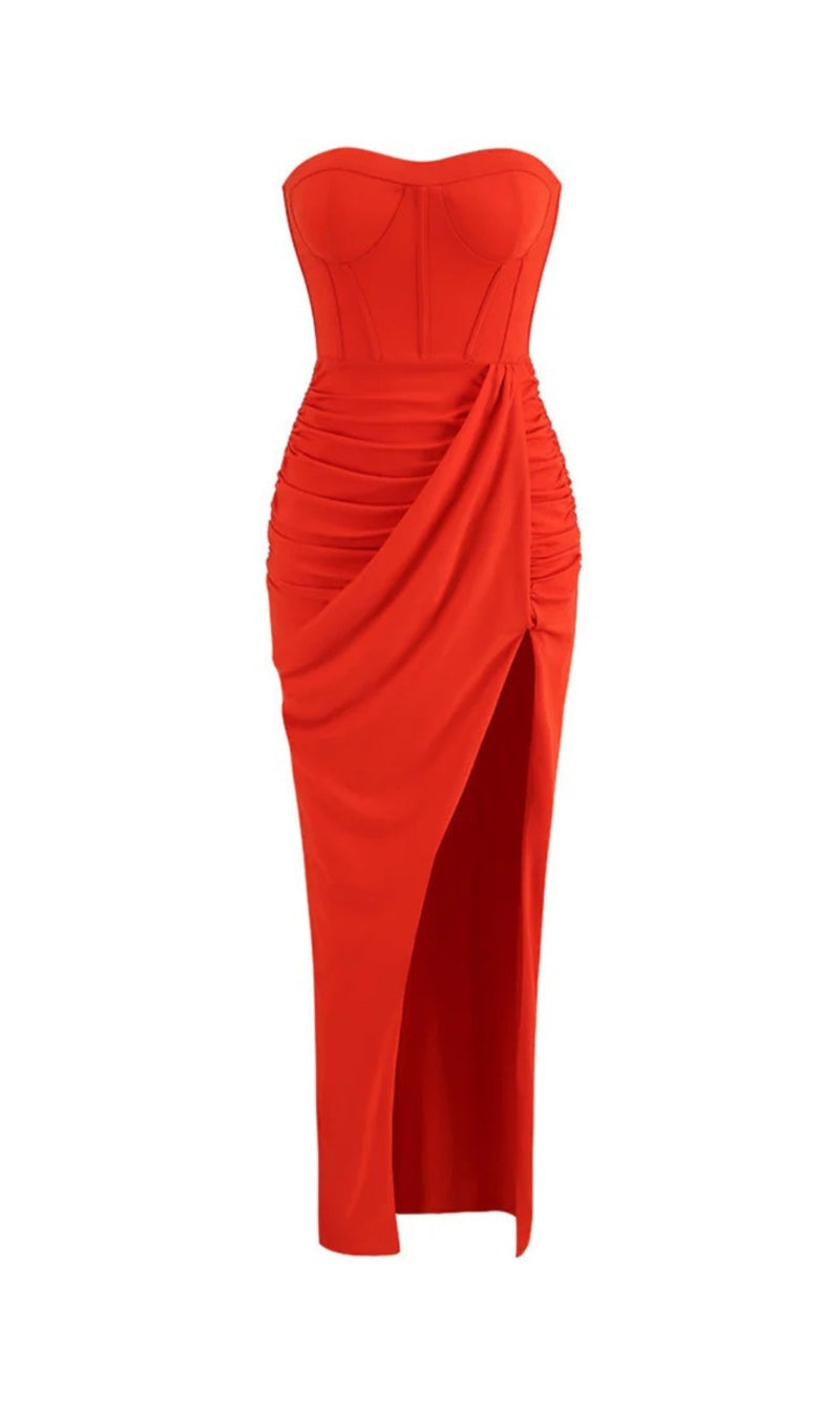 AHULANI RED CAREW STRAPLESS RUCHED DRESS-Fashionslee
