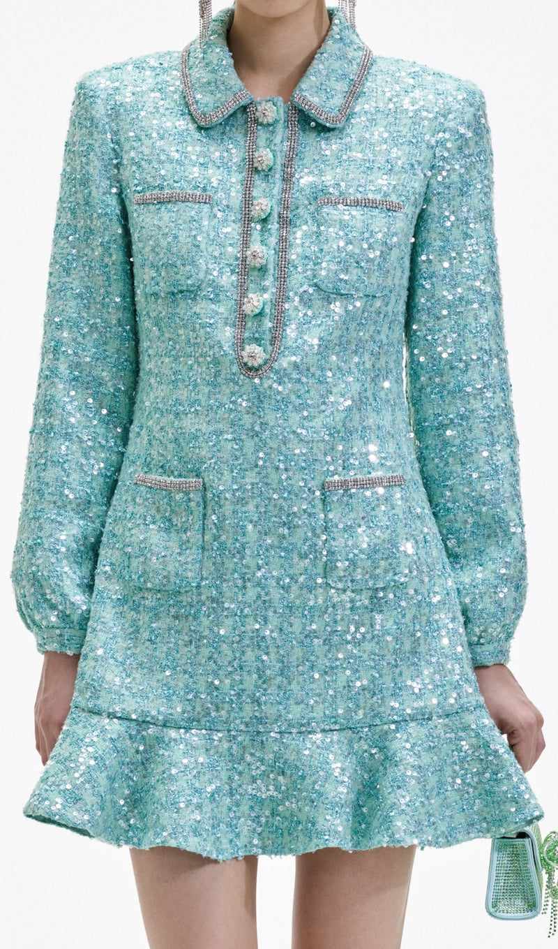 ATIFA GREEN BOUCLE COLLARED MINI DRESS-Fashionslee