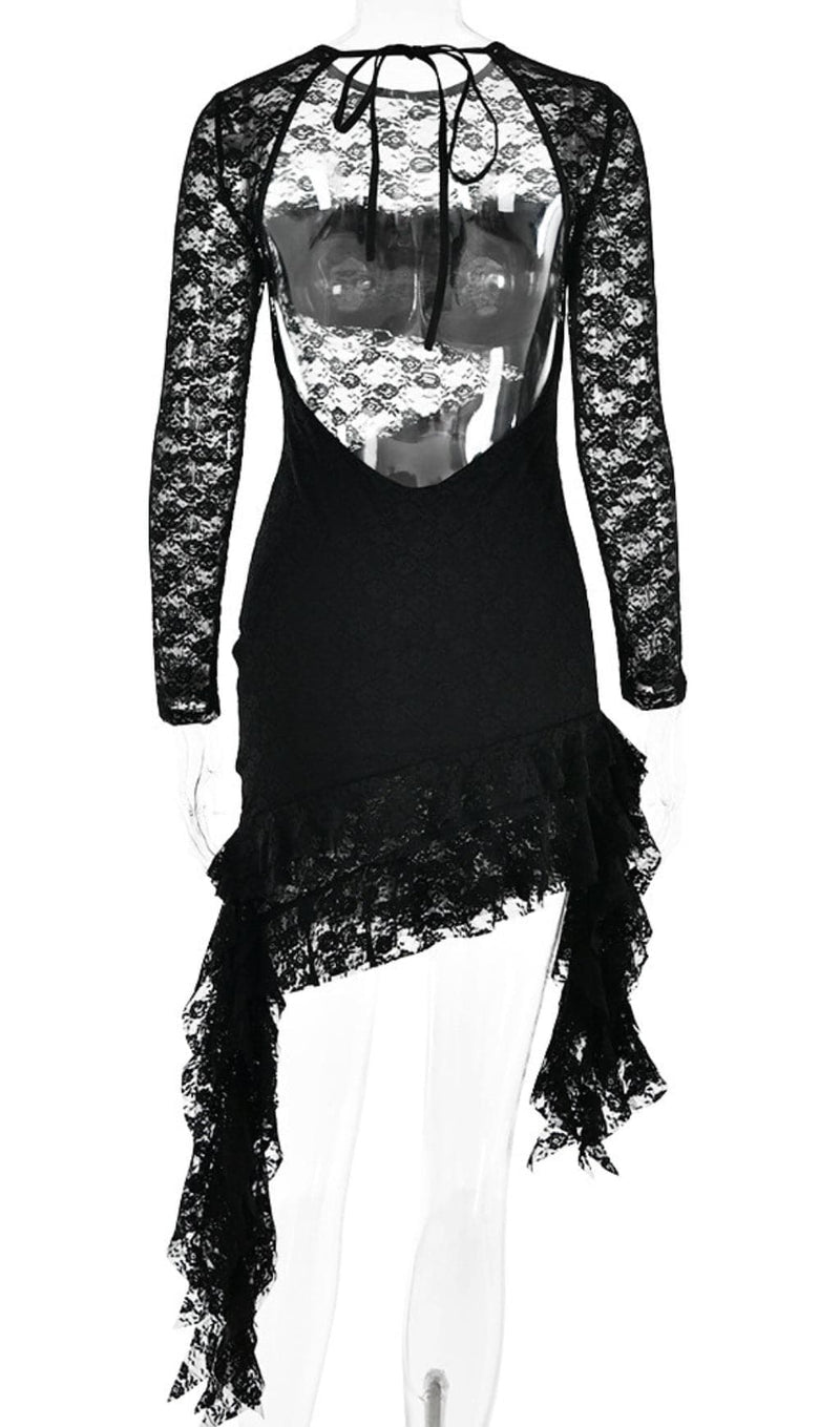 AKI BLACK RUFFLE LACE DRESS-Fashionslee