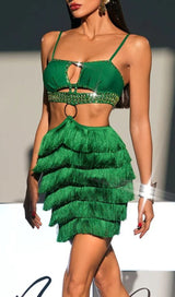 ANALEIGH GREEN RHINESTONE CUTOUT FRINGE DRESS-Fashionslee
