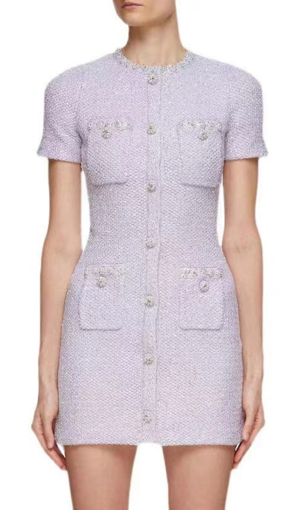 CRYSTAL-EMBELLISHED BUTTON MINI DRESS IN LILAC